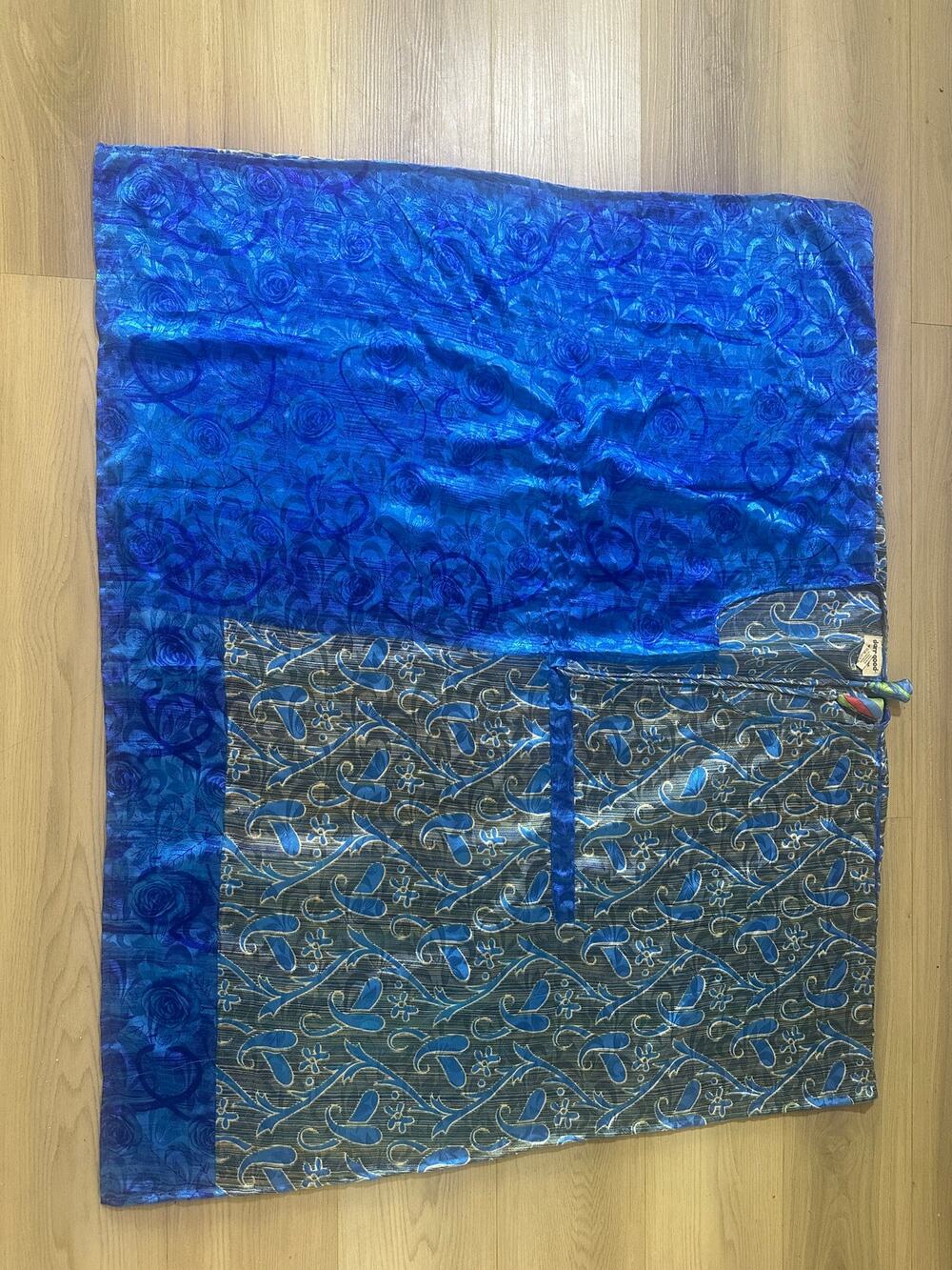 Darn Good Yarn Reversible Recycled Silk Sari Wrap Kaftan Top Royal Blue Size R